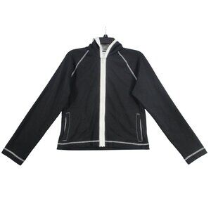 Ann Taylor Loft Womens Black Hooded Zip-Up Jacket With White Stitching Stretch F